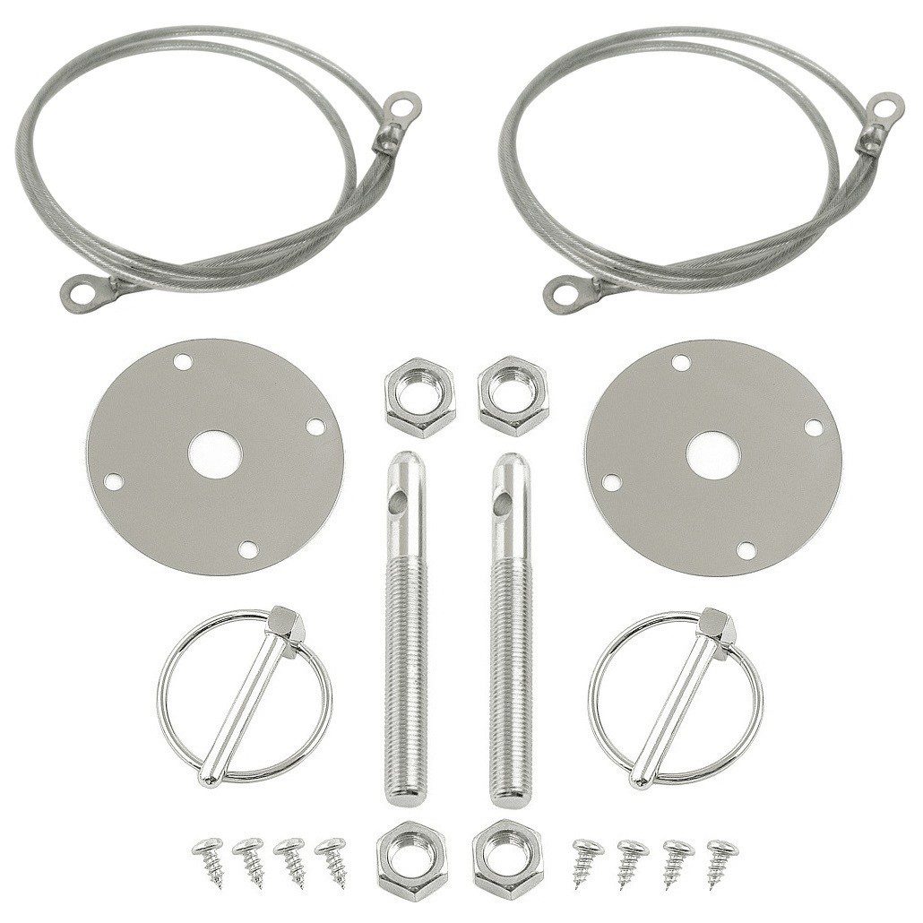 Chrome Bonnet Pin Kit / Hood & Deck Pins With Lanyards & 3/16" Torsion Clips